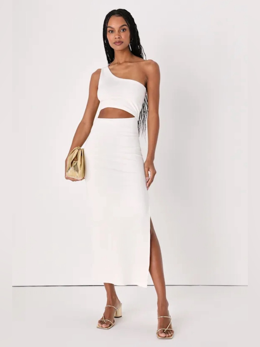 Lulu's Ivory One-Shoulder Cutout Midi Dress